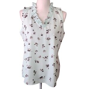 Sioni Mint Green Floral Short Sleeve V-Neck High Low Ruffle Neck Top Size Medium